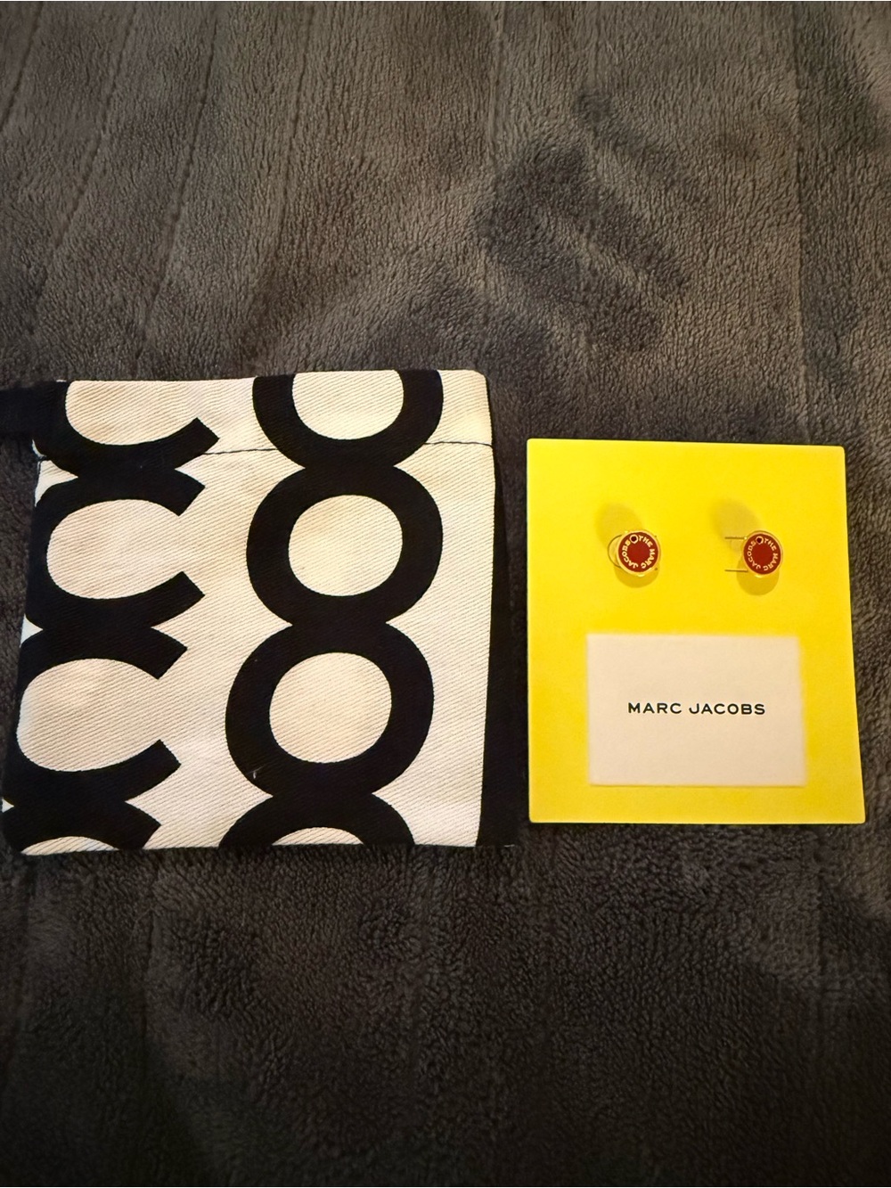 New Marc Jacobs Gold-Tone Stud Earrings with Red Enamel Logo